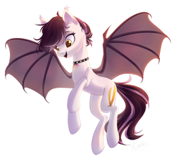 Size: 2708x2469 | Tagged: safe, artist:mp-printer, oc, oc only, bat pony, pony, bat pony oc, choker, flying, open mouth, simple background, solo, spiked choker, white background