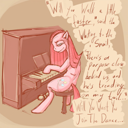 Size: 1024x1024 | Tagged: safe, artist:kvernikovskiy, pinkie pie, earth pony, pony, female, mare, piano, pinkamena diane pie, simple background, sitting, solo, text