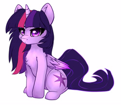 Size: 2925x2528 | Tagged: safe, alternate version, artist:duop-qoub, twilight sparkle, twilight sparkle (alicorn), alicorn, pony, alternate hairstyle, chest fluff, descended twilight, female, looking at you, mare, simple background, sitting, solo, white background