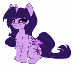 Size: 2807x2579 | Tagged: safe, alternate version, artist:duop-qoub, twilight sparkle, twilight sparkle (alicorn), alicorn, pony, alternate hairstyle, chest fluff, descended twilight, female, looking at you, mare, simple background, sitting, solo, white background