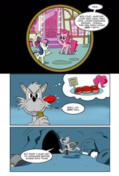 Size: 1024x1512 | Tagged: safe, artist:cartoon-eric, bon bon, pinkie pie, sweetie drops, oc, oc:fred wolfbane, earth pony, pony, comic:pink. it's what's for dinner, comic, food, licking, licking lips, meat, sugarcube corner, telescope, tongue out