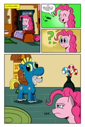 Size: 1024x1512 | Tagged: safe, artist:cartoon-eric, pinkie pie, oc, oc:fred wolfbane, earth pony, pony, comic:pink. it's what's for dinner, candy, candy cane, clothes, comic, costume, disguise, food, pony costume, seems legit, sugarcube corner, suspicious