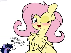 Size: 1032x774 | Tagged: safe, artist:kimjoman, fluttershy, oc, oc:purple flix, pegasus, pony, unicorn, blushing, bust, chest fluff, crossed hooves, dialogue, duo, female, folded wings, looking at you, mare, one eye closed, open mouth, pose, simple background, smiling, solo focus, three quarter view, white background, wings, wink