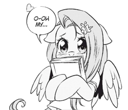 Size: 745x638 | Tagged: safe, artist:nekoshiei, seven seas, fluttershy, pegasus, pony, my little pony: the manga, my little pony: the manga volume 1, spoiler:manga, spoiler:manga1, book, clothes, cropped, cute, daaaaaaaaaaaw, floppy ears, gratuitous japanese, manga style, moe, monochrome, sailor uniform, school uniform, shyabetes, solo, uniform