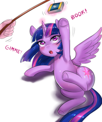 Size: 600x720 | Tagged: safe, artist:tzc, twilight sparkle, twilight sparkle (alicorn), alicorn, human, pony, adorkable, behaving like a cat, blushing, book, cat toy, cute, dialogue, dork, female, frog (hoof), glowing horn, looking up, magic, mare, that pony sure does love books, twiabetes, twilight cat, underhoof