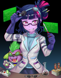 Size: 800x1018 | Tagged: safe, artist:tzc, sci-twi, spike, spike the regular dog, twilight sparkle, dog, eqg summertime shorts, equestria girls, mad twience, anime, chemical x, chromatic aberration, clothes, evil grin, female, flask, goggles, grin, implied sweetie bot, lab coat, looking at you, mad scientist, portal gun (rick and morty), rick and morty, screwdriver, smiling, tongue out