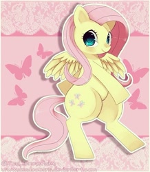 Size: 558x640 | Tagged: safe, artist:deadoceans, fluttershy, butterfly, pegasus, pony, bipedal, cute, female, mare, shyabetes, solo, spread wings, wings