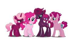 Size: 1232x694 | Tagged: safe, artist:qucels, pinkie pie, tempest shadow, oc, earth pony, pony, unicorn, baby, baby pony, bandage, base used, bowtie, broken horn, colt, eye scar, family, female, foal, horn, lesbian, magical lesbian spawn, male, mare, offspring, parent:pinkie pie, parent:tempest shadow, parents:tempestpie, scar, shipping, stallion, tempestpie