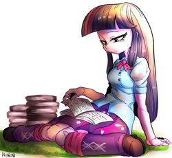 Size: 957x879 | Tagged: safe, artist:nekubi, twilight sparkle, equestria girls, book, frown, reading, sitting, solo, tired