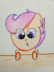 Size: 3120x4160 | Tagged: safe, artist:sumi-mlp25, scootaloo, pegasus, pony, colored pencil drawing, cute, cutealoo, female, filly, silly, silly filly, silly pony, simple background, solo, tongue out, traditional art, white background