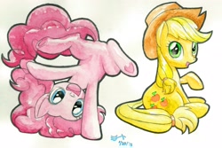 Size: 3000x2000 | Tagged: safe, artist:michiito, applejack, pinkie pie, earth pony, pony, cute, diapinkes, duo, jackabetes, pixiv, playful, traditional art, underhoof