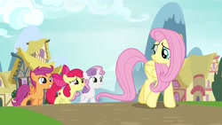 Size: 1920x1080 | Tagged: safe, screencap, apple bloom, fluttershy, scootaloo, sweetie belle, pegasus, pony, growing up is hard to do, cutie mark crusaders