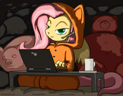 Size: 1500x1166 | Tagged: safe, artist:vylfgor, fluttershy, anthro, unguligrade anthro, computer, female, game, gamershy, headphones, laptop computer, mare, microphone, plushie