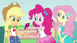 Size: 1920x1080 | Tagged: safe, screencap, applejack, fluttershy, pinkie pie, better together, equestria girls, rollercoaster of friendship, cellphone, geode of fauna, geode of sugar bombs, geode of super strength, magical geodes, phone