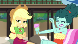 Size: 1920x1080 | Tagged: safe, screencap, applejack, leafy mint, better together, equestria girls, turf war, background human, beach, clothes, disgusted, food, geode of super strength, hair, ice cream, lifeguard, lifeguard applejack, magical geodes, swimsuit