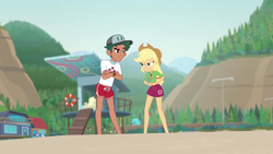 Size: 1920x1080 | Tagged: safe, screencap, applejack, timber spruce, better together, equestria girls, turf war, beach, geode of super strength, lifeguard, lifeguard applejack, lifeguard timber, magical geodes