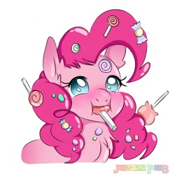 Size: 768x768 | Tagged: safe, artist:joestarpon3, pinkie pie, earth pony, pony, blushing, bust, candy, chest fluff, cute, diapinkes, ear fluff, female, food, lollipop, mare, messy mane, puffy cheeks, solo