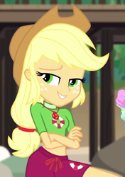 Size: 707x1006 | Tagged: safe, screencap, applejack, better together, equestria girls, turf war, applejack's hat, clothes, cowboy hat, cropped, crossed arms, female, geode of super strength, hat, lifeguard, lifeguard applejack, magical geodes, midriff, shorts, smiling, solo, swimsuit