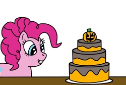 Size: 1024x690 | Tagged: safe, artist:mega-shonen-one-64, pinkie pie, earth pony, pony, cake, food, halloween, holiday, simple background, white background