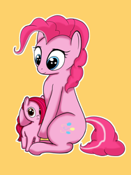 Size: 1134x1504 | Tagged: safe, artist:crabs_of_steam, pinkie pie, oc, oc:pebble pop pie, earth pony, pony, /mlp/, 4chan, duo, female, filly, happy, mare, mother and child, mother and daughter, offspring, parent and child, parent:pinkie pie, simple background, yellow background