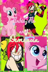 Size: 682x1024 | Tagged: safe, artist:marissa8224, edit, edited screencap, screencap, pinkie pie, earth pony, pony, my little pony: the movie, art trade, collage, crossover, demencia, latin american, melissa gedeón, villainous, voice actor joke