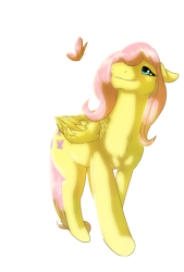 Size: 924x1368 | Tagged: safe, alternate version, artist:quelux, fluttershy, butterfly, pegasus, pony, female, mare, simple background, smiling, solo, transparent background