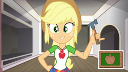 Size: 1280x720 | Tagged: safe, screencap, applejack, better together, diy with applejack, equestria girls, arms, belt, breasts, bust, clothes, collar, cowboy hat, denim, denim skirt, female, fingers, freckles, geode of super strength, hammer, hand, hand on hip, happy, holding, long hair, magical geodes, open mouth, open smile, room, shirt, short sleeves, skirt, smiling, solo, standing, teenager, teeth, tool