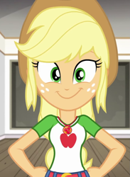 Size: 787x1078 | Tagged: safe, screencap, applejack, better together, diy with applejack, equestria girls, applejack's hat, clothes, cowboy hat, cropped, cute, geode of super strength, hat, jackabetes, looking at you, magical geodes, smiling