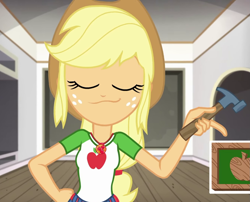 Size: 1333x1078 | Tagged: safe, screencap, applejack, better together, diy with applejack, equestria girls, :3, clothes, confident, eyes closed, female, geode of super strength, hammer, magical geodes, proud, smug