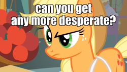 Size: 1920x1080 | Tagged: safe, edit, edited screencap, screencap, applejack, earth pony, pony, call of the cutie, caption, confused, image macro, meme, reaction image, solo, suspicious, text