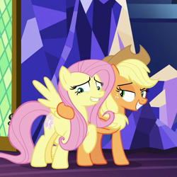 Size: 720x720 | Tagged: safe, screencap, applejack, fluttershy, earth pony, pegasus, pony, sounds of silence, bad touch, cropped, out of context, personal space invasion