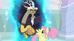 Size: 1920x1080 | Tagged: safe, screencap, discord, fluttershy, pegasus, pony, the last problem, duo, lunch bag, older, older fluttershy, paper bag, portal