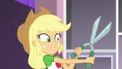 Size: 1280x720 | Tagged: safe, screencap, applejack, better together, diy with applejack, equestria girls, scissors, solo