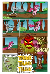 Size: 1024x1512 | Tagged: safe, artist:cartoon-eric, pinkie pie, oc, oc:fred wolfbane, pony, comic:pink. it's what's for dinner, arrows, chase, comic, courage the cowardly dog, crossbow, forest, mask, screaming