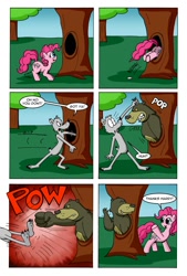 Size: 736x1086 | Tagged: safe, artist:cartoon-eric, harry, pinkie pie, oc, oc:fred wolfbane, pony, comic:pink. it's what's for dinner, comic, hole, punch, tree