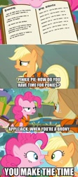 Size: 236x531 | Tagged: safe, edit, edited screencap, screencap, applejack, pinkie pie, earth pony, pony, pinkie apple pie, book, caption, comic, duo, image macro, lifejacket, mouth hold, screencap comic, text