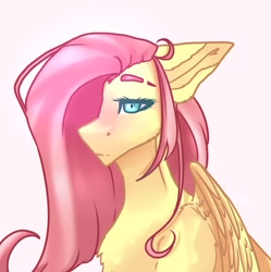 Size: 2149x2160 | Tagged: safe, artist:doodleroodle, fluttershy, pegasus, pony, blushing, bust, hair over one eye, portrait, solo