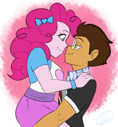 Size: 1804x1944 | Tagged: safe, artist:liziedoodle, pinkie pie, oc, oc:copper plume, equestria girls, bow, canon x oc, carrying, clothes, commission, commissioner:imperfectxiii, copperpie, cute, female, freckles, glasses, holding, looking at each other, male, miniskirt, neckerchief, shirt, skirt, smiling, straight, wristband