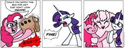 Size: 931x363 | Tagged: safe, artist:gingerfoxy, pinkie pie, rarity, oc, oc:fluffle puff, earth pony, pony, unicorn, pony comic generator, censored vulgarity, comic, grawlixes