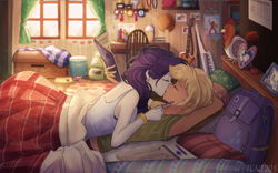 Size: 1600x1000 | Tagged: safe, artist:tcn1205, applejack, rarity, human, equestria girls, alarm clock, apple, arm behind head, backpack, bed, clock, clothes, cute, eyes closed, faceless female, female, food, freckles, french kiss, guitar, humanized, jackabetes, keytar, kissing, lesbian, musical instrument, notebook, offscreen character, passionate, pencil, photo frame, pony coloring, raribetes, rarijack, shipping, sleeveless, tanktop, window