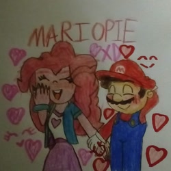 Size: 1080x1080 | Tagged: safe, pinkie pie, equestria girls, crossover, crossover shipping, female, heart, male, mario, mariopie, shipping, straight, super mario bros., traditional art