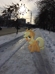 Size: 2448x3264 | Tagged: safe, artist:albertuha, applejack, earth pony, pony, female, irl, mare, photo, ponies in real life, raised hoof, russia, smiling, snow, solo, winter