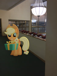 Size: 2448x3264 | Tagged: safe, artist:albertuha, applejack, earth pony, pony, cute, female, irl, jackabetes, mare, photo, ponies in real life, present, smiling, solo, theater