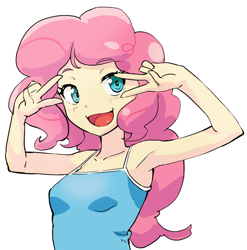 Size: 960x973 | Tagged: safe, artist:siagia, edit, pinkie pie, human, armpits, bust, clothes, cropped, double peace sign, female, happy, humanized, looking at you, open mouth, peace sign, simple background, smiling, solo, tanktop, white background