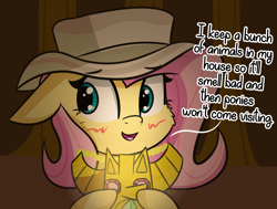 Size: 2676x2025 | Tagged: safe, artist:artiks, fluttershy, pegasus, pony, daring doubt, blushing, cheek fluff, confession, cute, dialogue, female, floppy ears, hat, mare, shyabetes, solo, truth talisman