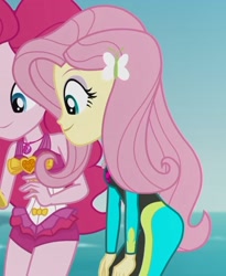 Size: 2100x2555 | Tagged: safe, screencap, fluttershy, pinkie pie, better together, equestria girls, unsolved selfie mysteries, beach, clothes, cropped, duo, flutterbutt, swimsuit, wetsuit