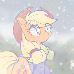 Size: 768x768 | Tagged: safe, artist:xp_r6, applejack, earth pony, pony, applejack's hat, blushing, clothes, cowboy hat, cute, female, freckles, hat, jackabetes, mare, snow, snowfall, solo, winter