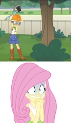 Size: 486x840 | Tagged: safe, artist:jucamovi1992, edit, screencap, applejack, fluttershy, better together, diy with applejack, equestria girls, axe, geode of super strength, goggles, implied fluttertree, magical geodes, scared, tree