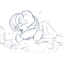 Size: 877x882 | Tagged: safe, artist:dimfann, twilight sparkle, twilight sparkle (alicorn), alicorn, pony, bowl, cheese, dinner, dork, eating, eyes closed, female, food, fork, macaroni, macaroni and cheese, majestic as fuck, mare, milk, monochrome, pasta, silly, silly pony, simple background, sketch, solo, white background