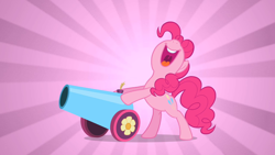 Size: 1280x720 | Tagged: safe, screencap, pinkie pie, earth pony, pony, sweet and elite, female, happy, mare, party cannon, smiling, solo, sunburst background, wide grin